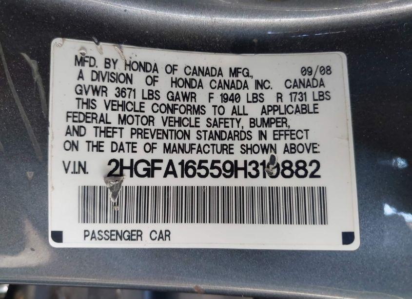 Photo 9 of 2009 Honda Civic LX (VIN 2HGFA16559H310882)