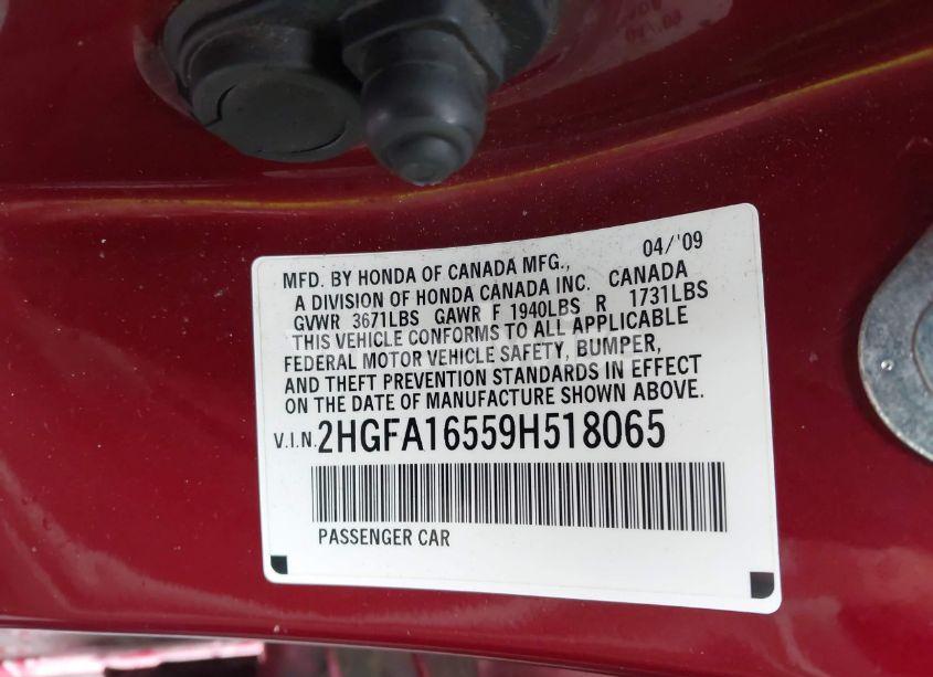 Photo 9 of 2009 Honda Civic LX (VIN 2HGFA16559H518065)