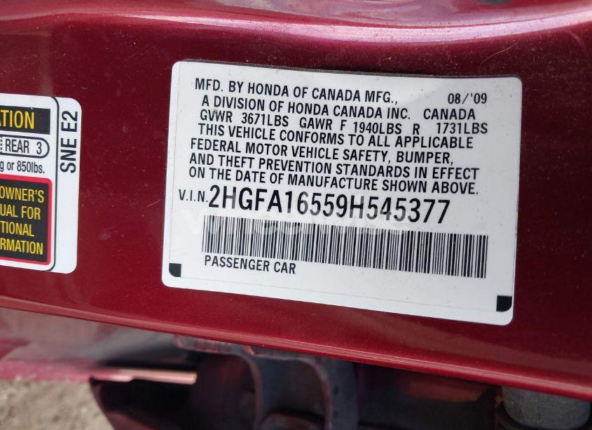 Photo 9 of 2009 Honda Civic LX (VIN 2HGFA16559H545377)