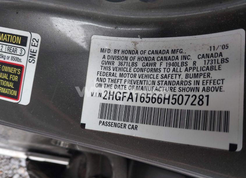 Photo 9 of 2006 Honda Civic LX (VIN 2HGFA16566H507281)