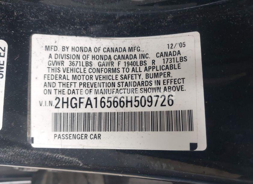 Photo 9 of 2006 Honda Civic LX (VIN 2HGFA16566H509726)