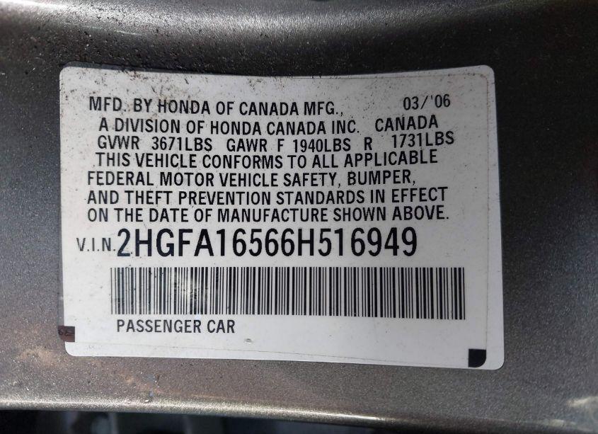 Photo 9 of 2006 Honda Civic LX (VIN 2HGFA16566H516949)