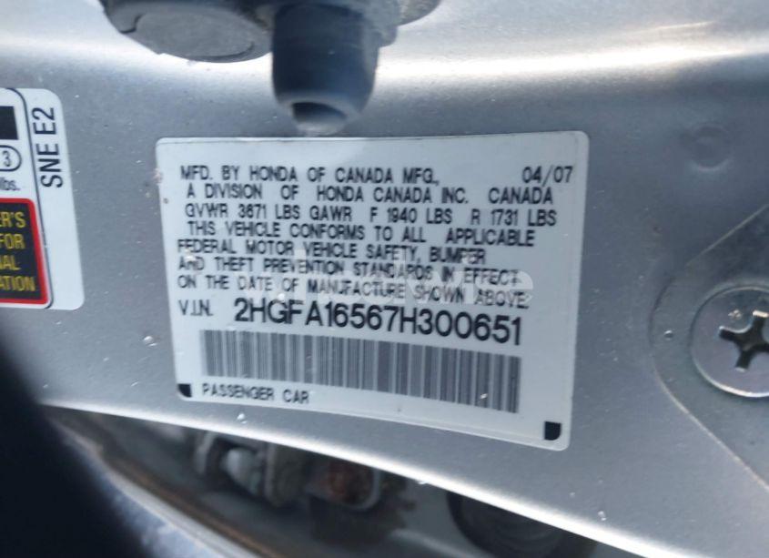 Photo 9 of 2007 Honda Civic LX (VIN 2HGFA16567H300651)