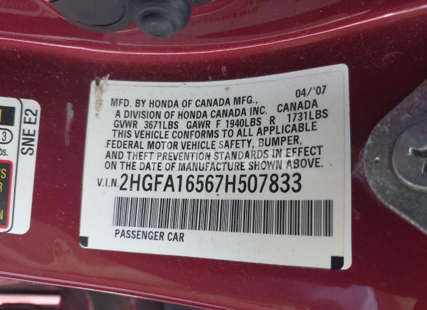 Photo 9 of 2007 Honda Civic LX (VIN 2HGFA16567H507833)