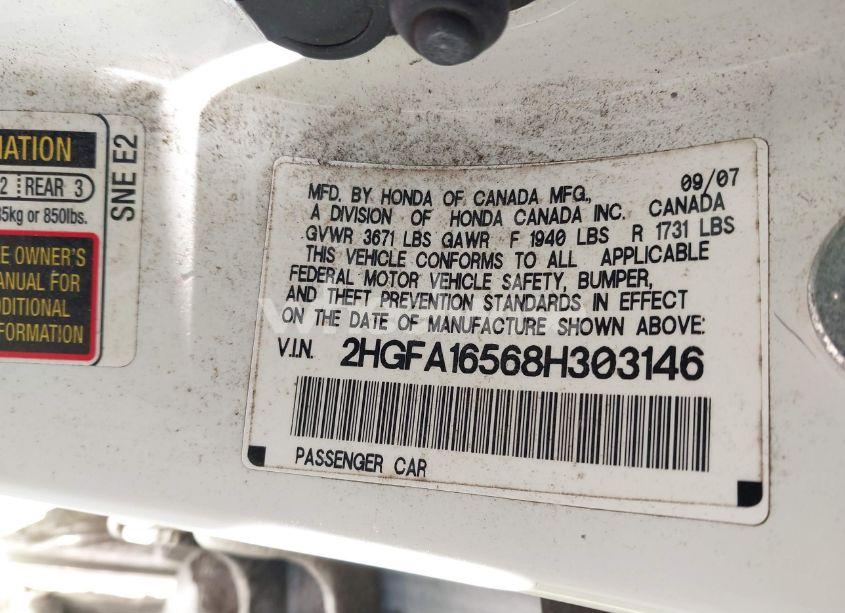 Photo 9 of 2008 Honda Civic LX (VIN 2HGFA16568H303146)