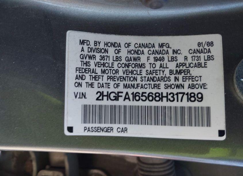 Photo 9 of 2008 Honda Civic LX (VIN 2HGFA16568H317189)