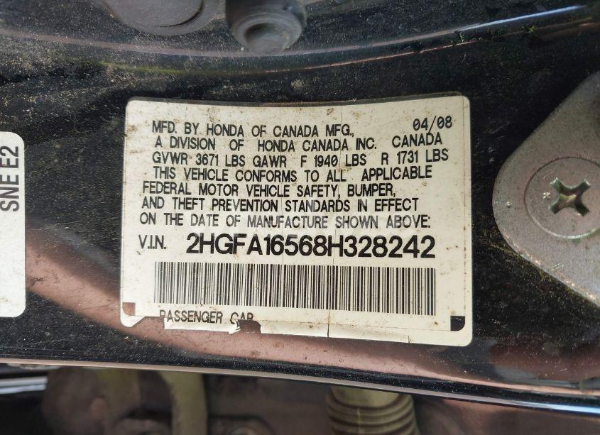 Photo 9 of 2008 Honda Civic LX (VIN 2HGFA16568H328242)