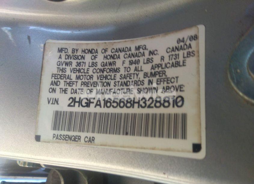 Photo 9 of 2008 Honda Civic LX (VIN 2HGFA16568H328810)