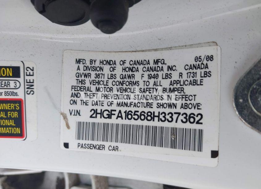 Photo 9 of 2008 Honda Civic LX (VIN 2HGFA16568H337362)