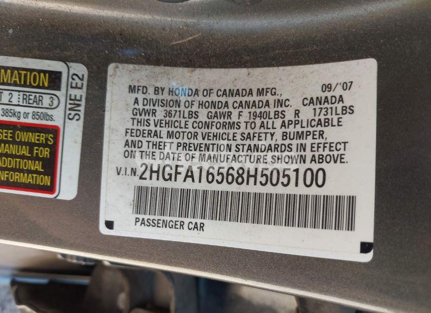 Photo 9 of 2008 Honda Civic LX (VIN 2HGFA16568H505100)