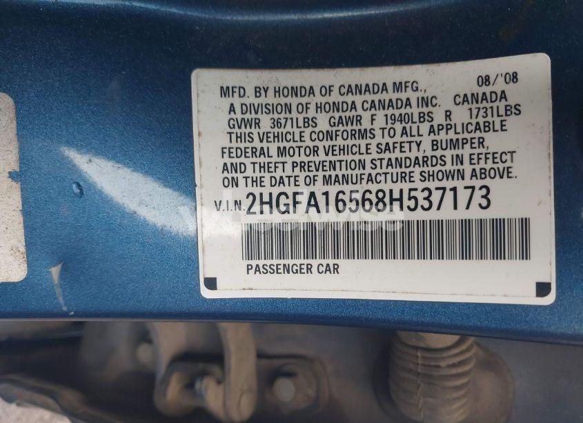 Photo 9 of 2008 Honda Civic LX (VIN 2HGFA16568H537173)