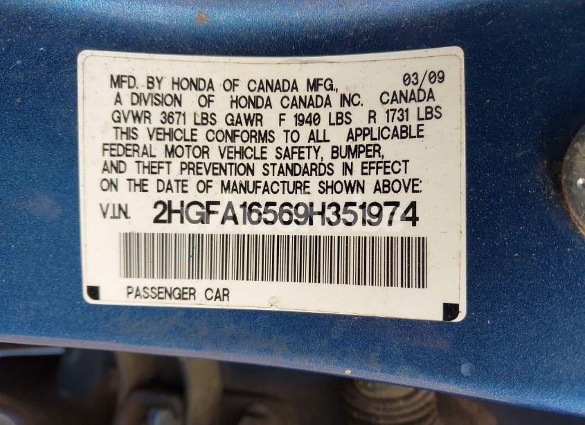 Photo 9 of 2009 Honda Civic LX (VIN 2HGFA16569H351974)