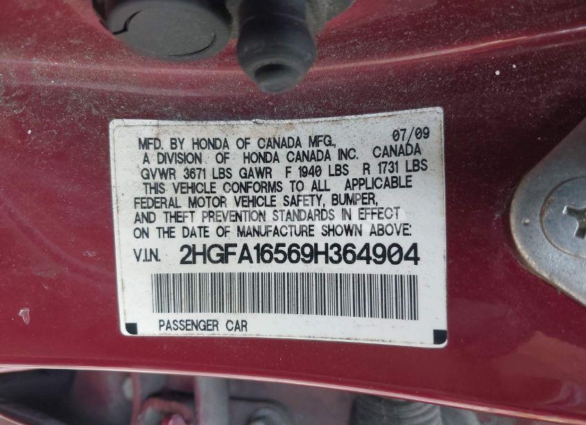 Photo 9 of 2009 Honda Civic LX (VIN 2HGFA16569H364904)