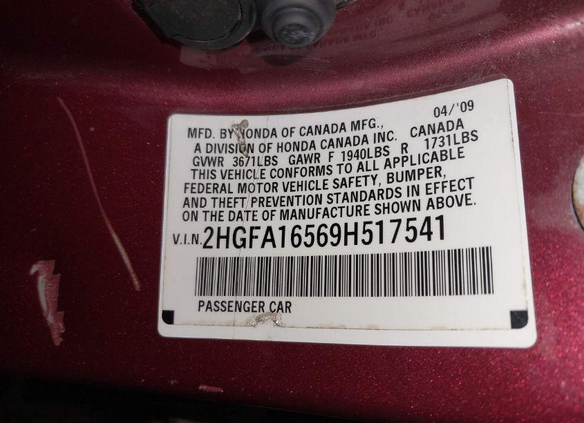 Photo 9 of 2009 Honda Civic LX (VIN 2HGFA16569H517541)