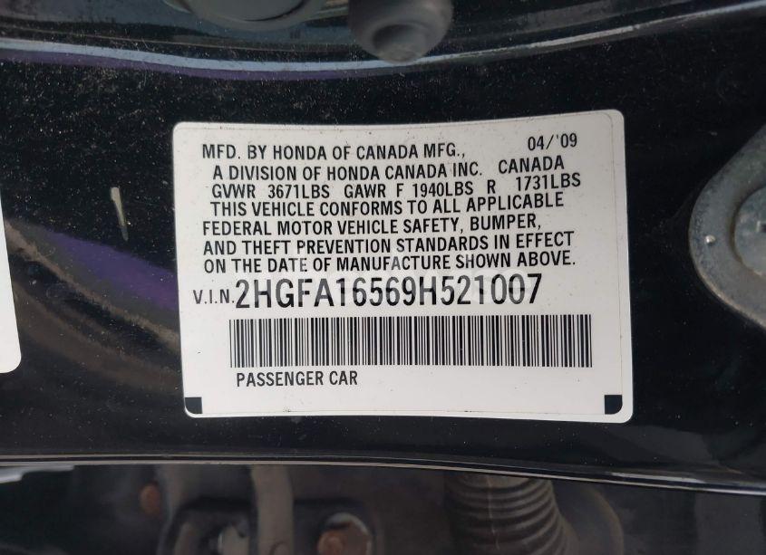 Photo 9 of 2009 Honda Civic LX (VIN 2HGFA16569H521007)