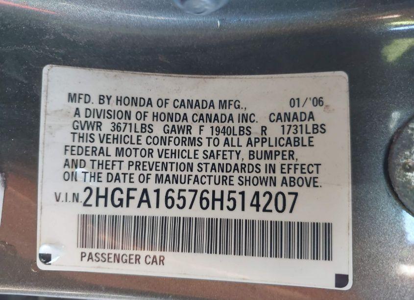 Photo 9 of 2006 Honda Civic LX (VIN 2HGFA16576H514207)