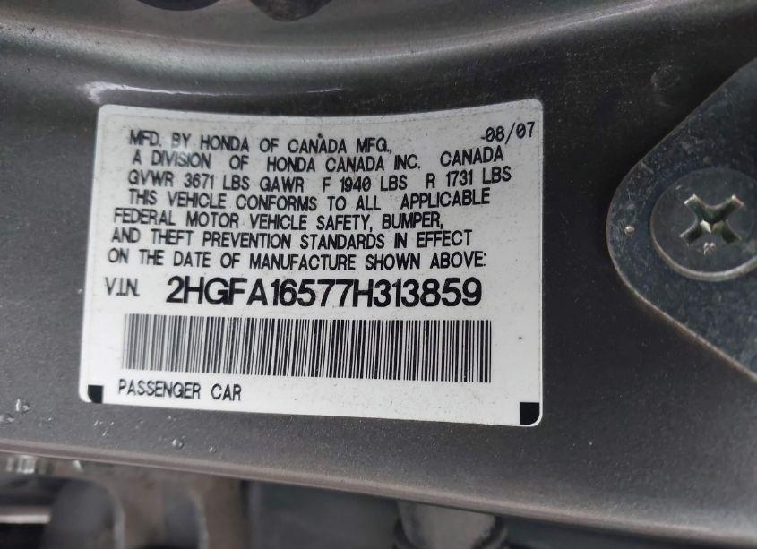 Photo 9 of 2007 Honda Civic LX (VIN 2HGFA16577H313859)