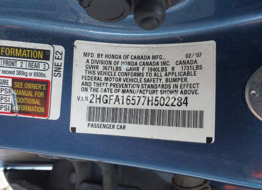 Photo 9 of 2007 Honda Civic LX (VIN 2HGFA16577H502284)