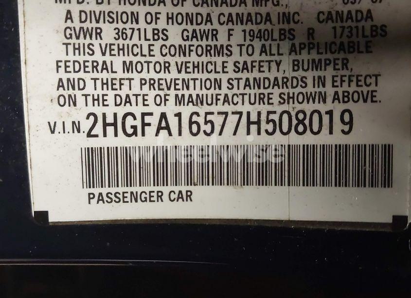 Photo 9 of 2007 Honda Civic LX (VIN 2HGFA16577H508019)