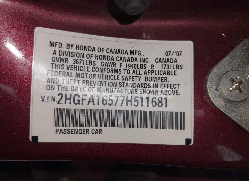 Photo 9 of 2007 Honda Civic LX (VIN 2HGFA16577H511681)