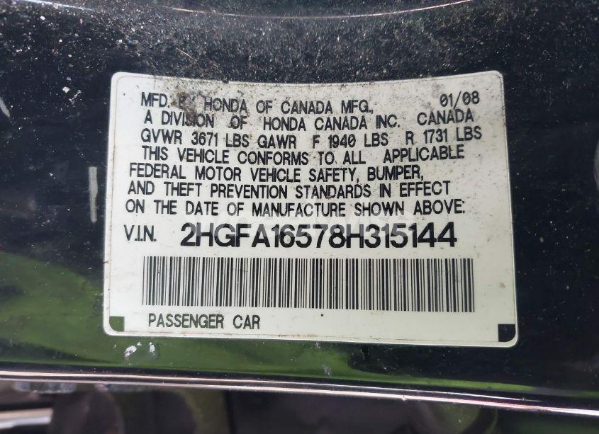 Photo 9 of 2008 Honda Civic LX (VIN 2HGFA16578H315144)