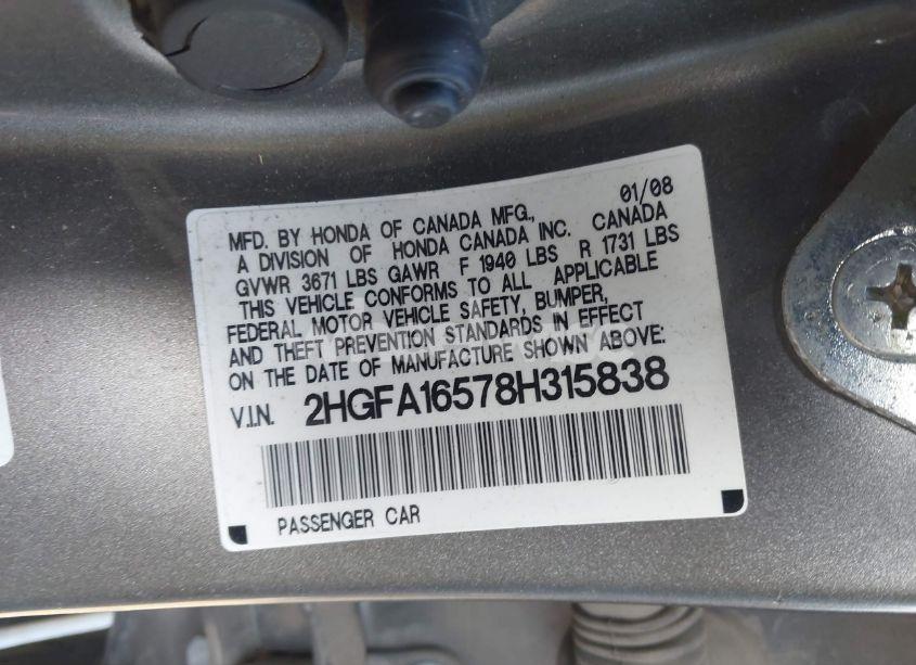 Photo 9 of 2008 Honda Civic LX (VIN 2HGFA16578H315838)