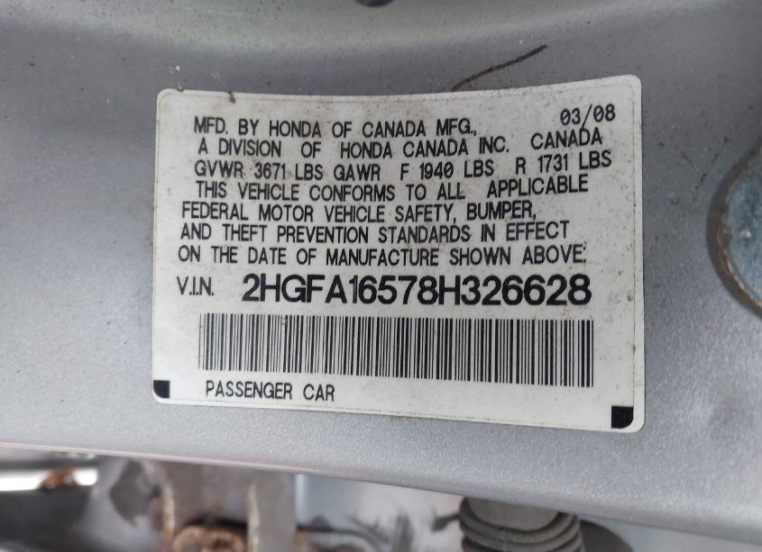 Photo 9 of 2008 Honda Civic LX (VIN 2HGFA16578H326628)