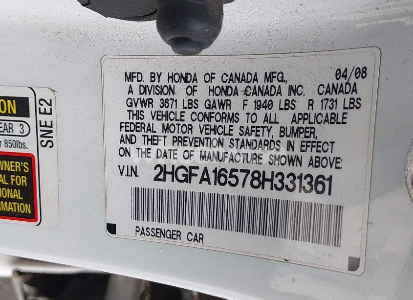 Photo 9 of 2008 Honda Civic LX (VIN 2HGFA16578H331361)