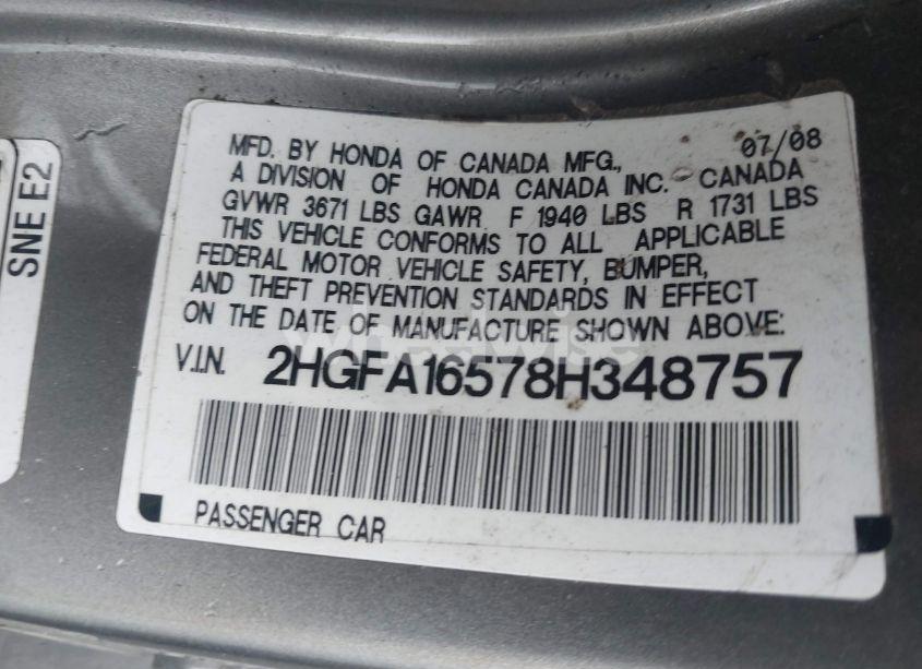 Photo 9 of 2008 Honda Civic SDN LX (VIN 2HGFA16578H348757)