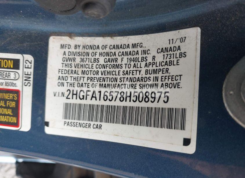 Photo 9 of 2008 Honda Civic LX (VIN 2HGFA16578H508975)