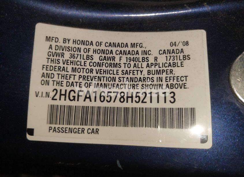 Photo 9 of 2008 Honda Civic LX (VIN 2HGFA16578H521113)