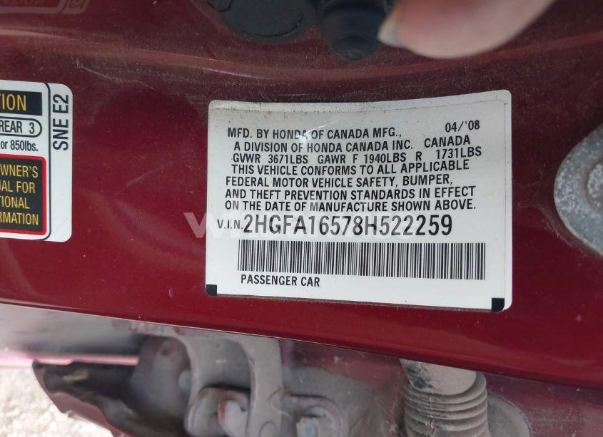 Photo 9 of 2008 Honda Civic LX (VIN 2HGFA16578H522259)