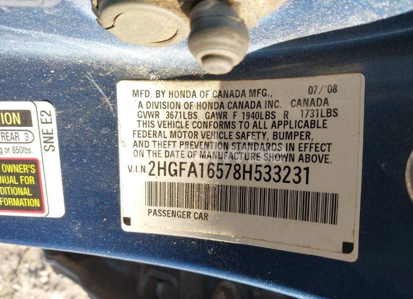 Photo 9 of 2008 Honda Civic LX (VIN 2HGFA16578H533231)