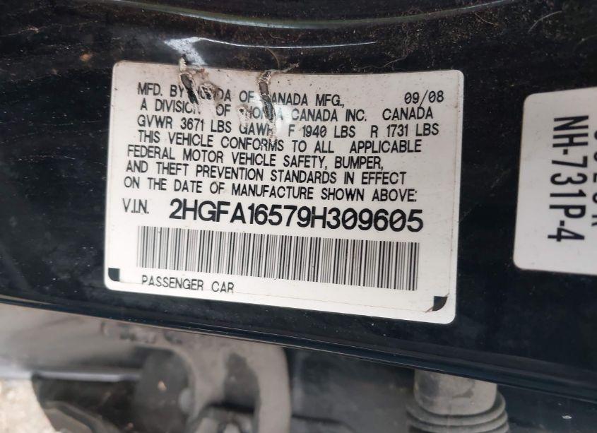 Photo 9 of 2009 Honda Civic LX (VIN 2HGFA16579H309605)