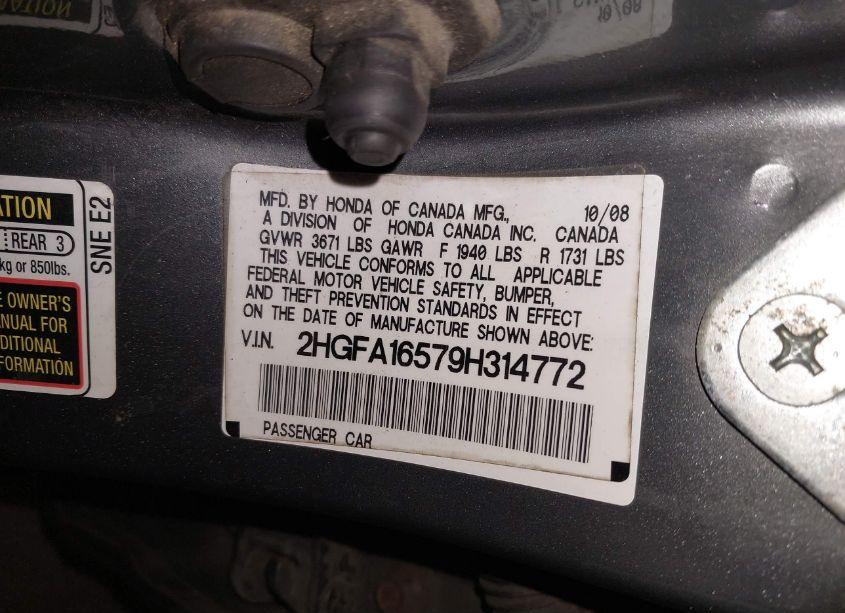 Photo 9 of 2009 Honda Civic LX (VIN 2HGFA16579H314772)