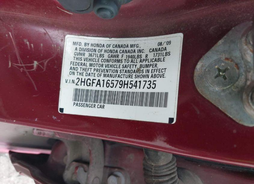 Photo 9 of 2009 Honda Civic LX (VIN 2HGFA16579H541735)