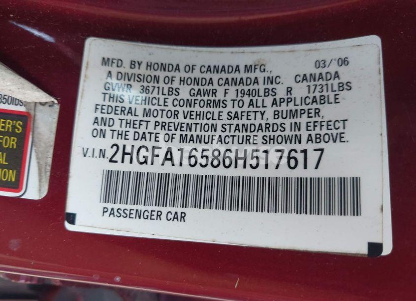 Photo 9 of 2006 Honda Civic LX (VIN 2HGFA16586H517617)