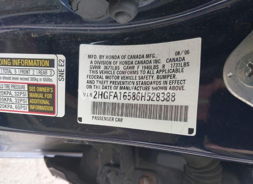 Photo 9 of 2006 Honda Civic LX (VIN 2HGFA16586H528388)