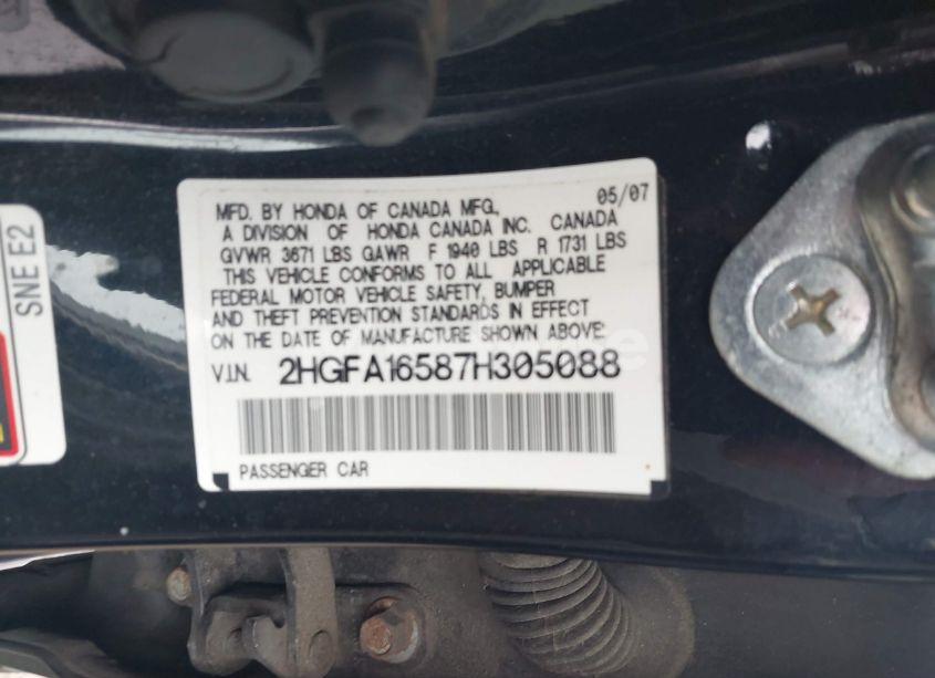 Photo 9 of 2007 Honda Civic LX (VIN 2HGFA16587H305088)