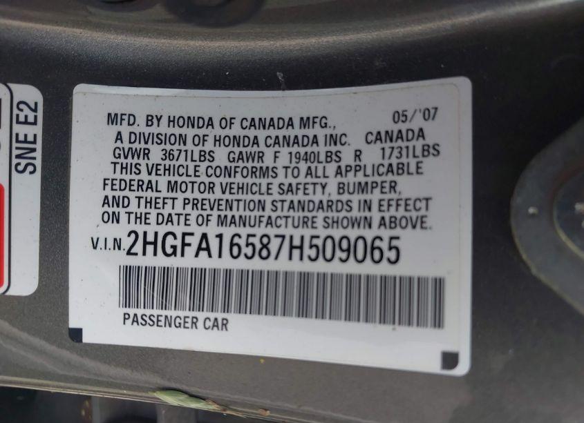 Photo 9 of 2007 Honda Civic LX (VIN 2HGFA16587H509065)