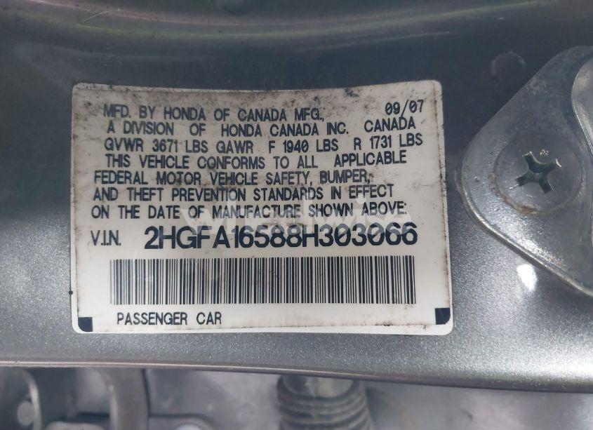 Photo 9 of 2008 Honda Civic LX (VIN 2HGFA16588H303066)