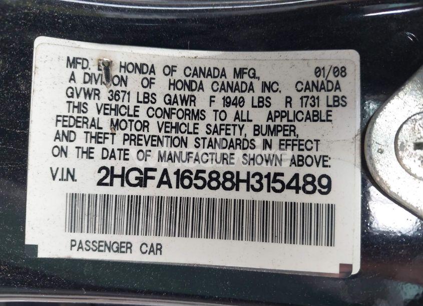 Photo 9 of 2008 Honda Civic LX (VIN 2HGFA16588H315489)