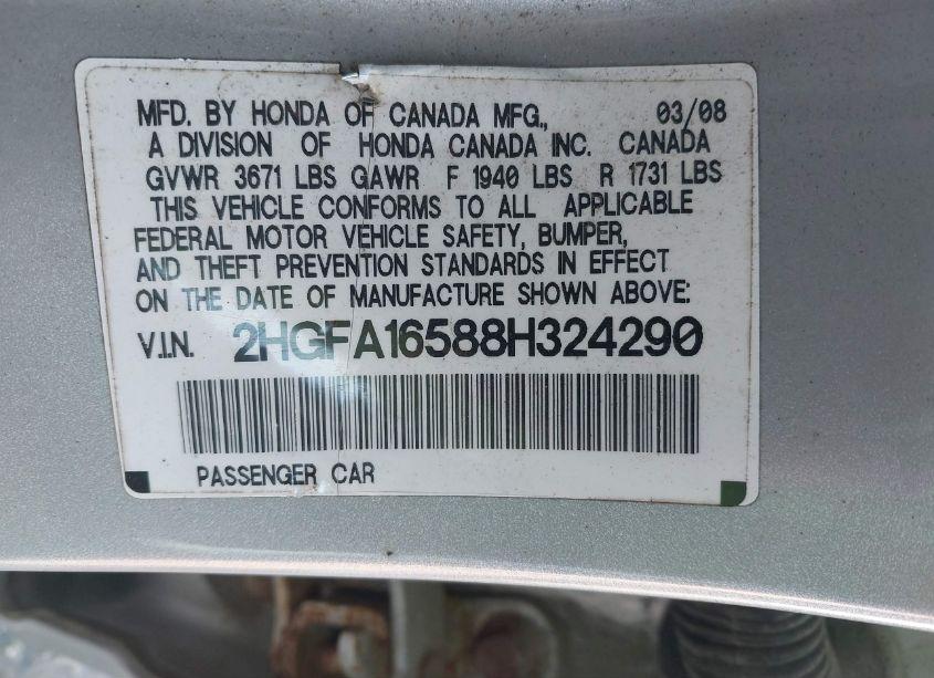 Photo 9 of 2008 Honda Civic LX (VIN 2HGFA16588H324290)