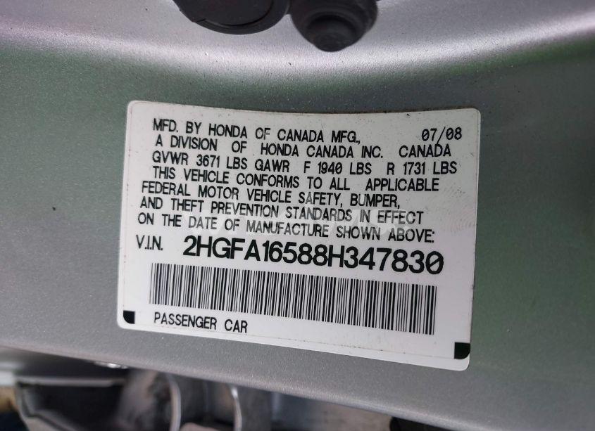 Photo 9 of 2008 Honda Civic LX (VIN 2HGFA16588H347830)