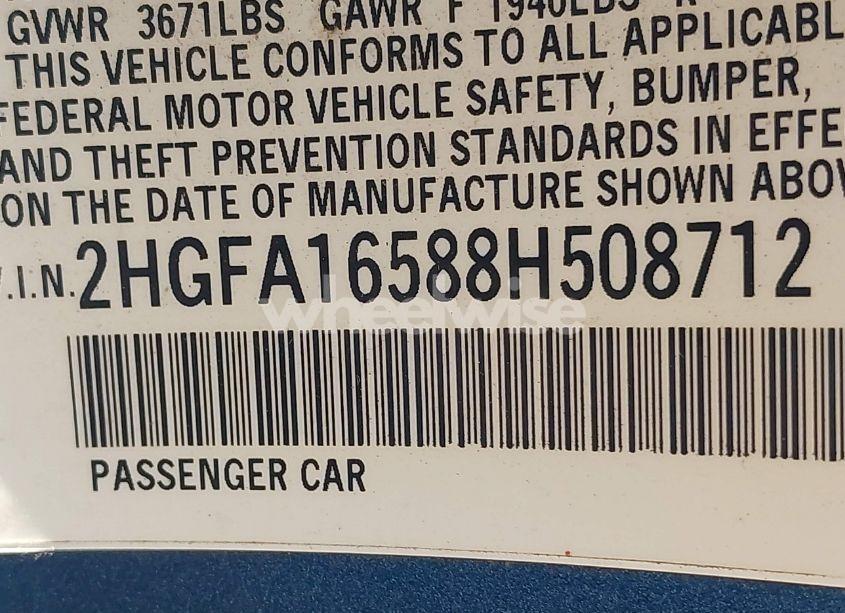 Photo 9 of 2008 Honda Civic LX (VIN 2HGFA16588H508712)