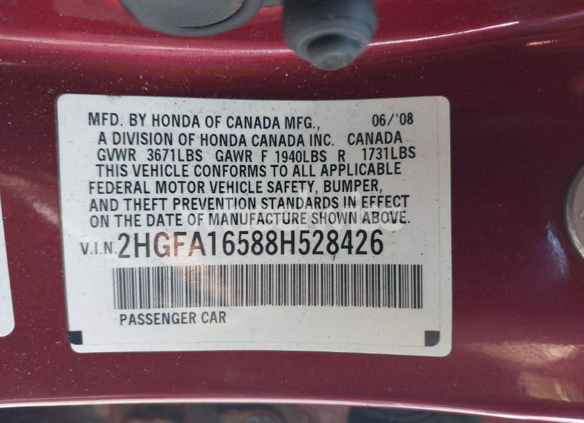 Photo 9 of 2008 Honda Civic LX (VIN 2HGFA16588H528426)