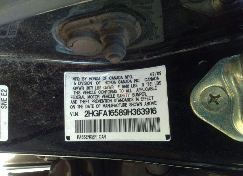 Photo 9 of 2009 Honda Civic LX (VIN 2HGFA16589H363916)