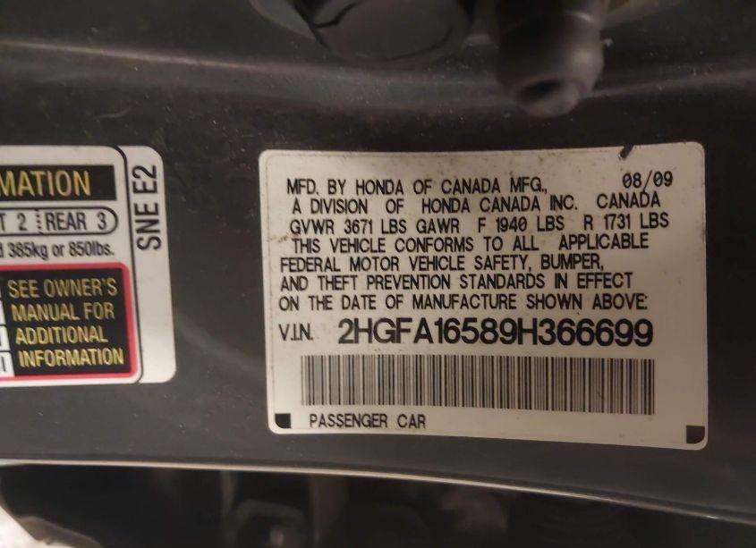 Photo 9 of 2009 Honda Civic LX (VIN 2HGFA16589H366699)