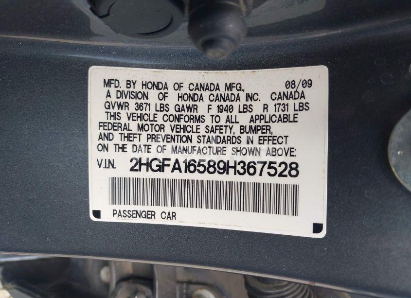 Photo 9 of 2009 Honda Civic LX (VIN 2HGFA16589H367528)