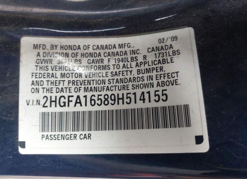 Photo 9 of 2009 Honda Civic LX (VIN 2HGFA16589H514155)
